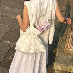 Lunivop Harajuku Lace Tote Bag Purse Women Fairycore Aesthetic Soft Beige Large Capacity Handbag Female Sweet Shoulder Bags Y2k