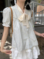 Lunivop Bow Lace Striped Shirt Women Sweet Puffy Sleeve Cute Blouse Preppy Style Loose Summer Casual Female Korean Patchwork Tops