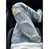 Lunivop American Design Heavy Rhinestone Distressed Jeans for Women Fall Winter Unique Loose Fit Wide Leg Long Trousers New Arrival