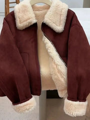 Lunivop Faux Lamb Suede Jacket Women Winter Warm Long Sleeve Vintage Cotton Coat Korean Casual Lady Thick Long Sleeve Retro Tops