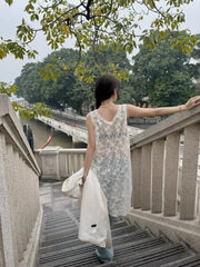 Lunivop Y2k All-match Lace V-neck Vest Dress for Women See Through Mesh Dresses 2025 Summer New Sleeveless Thin Vestidos De Mujer