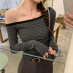 Lunivop 2025 New Spring Summer Vintage Striped Women's T-shirt Long Sleeve One Shoulder Casual Korean Bottom Shirts Tops Female