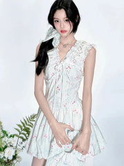 Lunivop Floral V Neck Sexy Dress Women Casual Elegant Sleeveless Mini Dress Vintage Lace Up Female Korean Summer Beach Style Dress