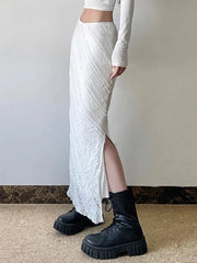 Lunivop Elegant White Lace Long Skirt Women Vintage Slim Sexy Slit Streetwear Skirts Summer Retro High Waist Design Lady Long Skirt