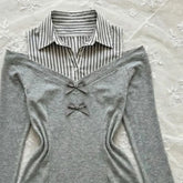 Lunivop Patchwork Stripe Turn-down Collar Long Sleeve T-shirt Minority Slim Punk Style Crop Top Korea Chic Off Shoulder New Shirt