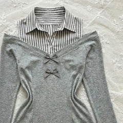 Lunivop Patchwork Stripe Turn-down Collar Long Sleeve T-shirt Minority Slim Punk Style Crop Top Korea Chic Off Shoulder New Shirt