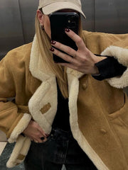 Lunivop Retro Turn-down Collar Faux Lambs Jackets Women Casual Loose Thicken Fleece Lined Jacket Female Autumn Winter High Street Tops
