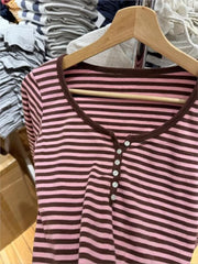 Lunivop Cute Pink Brown Striped T-shirt Women Buttons O-Neck Cotton Slim Patchwork Long Sleeve Tee Sweet Preppy Style Tshirt Y2K Top New