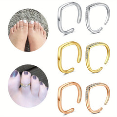 Lunivop 2pcs Adjustable Toe Rings with Cubic Synthetic Zirconia, 304 Stainless Steel Toe Rings, Women's Foot Jewelry for Casual Attire