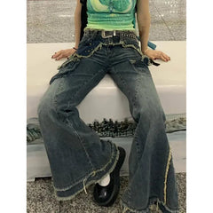 Lunivop Blue Womens Jeans High Waist Vintage Design Hip Hop Straight Baggy Denim Pants Street Y2K American Style Wide Leg Denim Trouser