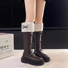 Lunivop Winter Short Plush Women Knee High Boots Ladies Fashion Bowknot Round Toe Thick Bottom Long Boots Retro Botas De Mujer
