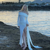 Lunivop Solid Off The Shoulder Long Sleeve Slit Ruched Tassel Women'S Dresses New Autumn Elegant Evening Fashion Clothing