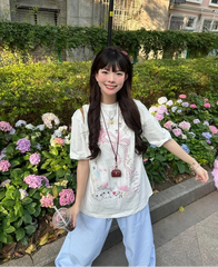 Lunivop T Shirts Women Vintage Short Sleeve Loose Cartoon Printed O Neck Sweet Funny Tops Female Casual Tshirt 2025 Summer