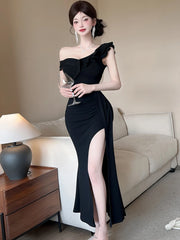 Lunivop Women Red Off Shoulder Ruffled Sexy Slong Long Dress Summer Elegant Luxury Slit Dress Korean Vintage Festival Evening Dress