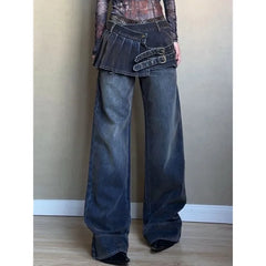 Lunivop Black Womens Jeans High Waist Vintage Design Hip Hop Straight Baggy Denim Pants Street Y2K American Style Wide Leg Denim Trouser