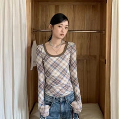 Lunivop Korean Style Plaid T-Shirts Women Vintage Elegant Y2k Long Sleeve Tees Retro Street Patchwork Slim Aesthetics T-Shirts
