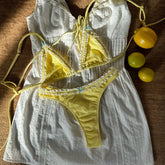 Lunivop 3Pcs Yellow Lace Bikini Sexy Women Swimsuit Push Up Swimwear Bandeau Biquini Female Crochet Skirt Floral Bathing Suit Beachwear