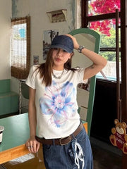 Lunivop Woman T Shirts O Neck Short Sleeve Slim Stretch Short Sleeve Flowers Printed Y2k Tops Vintage Fashion Tshirt Casual