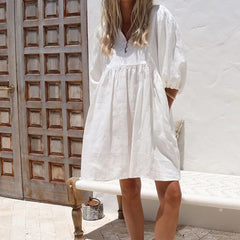 Lunivop Solid Dress Women V Neck Puff Sleeve Loose Mini Female Dresses Summer Holidays Casual Lady Beach A-Line Sundress