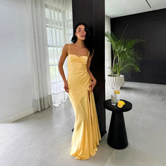 Lunivop Elegant Satin Yellow Dresses For Women Party Spaghetti Strap Backless Split Long Maxi Dress Women Summer