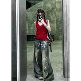 Lunivop Women's Retro Wide Leg Baggy Casual Printting Denim Trouser Harajuku Vintage High Waist Loose Jeans 2024 Winter Fashion Pants