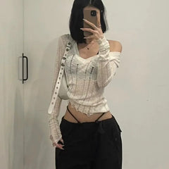 Lunivop 2024 Y2k Millenian-Style Design Sense Broken Perspective Hollow V-Neck Solid Color Smock Long Sleeve T-Shirt Waist Slim