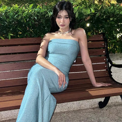 Lunivop Shining Glitter Elegsnt Y2K Strapless Solid Women'S Dress 2024 Summer Evening Party Lady Casual Korean Clothing