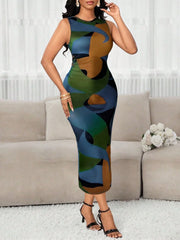 Lunivop Women's Color Block Printed Ruched Sleeveless Bodycon Dress Knee Length Casual Elegant