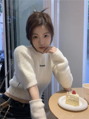 Lunivop White Knitted Hotsweet O Neck Sweaters Pullovers Oversleeve Women Crop Tops Mink Cashmere Y2k Letter Print Slim Fit High Waist