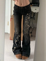 Lunivop Weekeep Floral Embroidery Jeans Vintage 2000s Low Rise Flared Jeans Women Retro Y2k Baggy Denim Pants High Street Basic Trousers