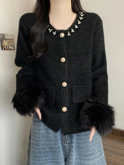 Lunivop Elegant Pearls Sweet Cardigan Women Vintage O Neck Faux Mink Cashmere Knitted Sweaters Korean Casual Long Sleeve Loose Tops