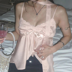 Lunivop Kawaii Bandage Lace Pink Camisole Women Sexy Sweet Patchwork Satin Crop Tops with Slit Summer y2k Vintage Tank Tops Cute