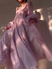 Lunivop French Printing Dresses For Women Square Collar High Waist Lantern Sleeve Elegant Dress Female Autumn 2025 New