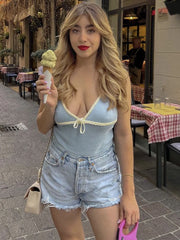 Lunivop Knitted Deep V-neck Bow Women Crop Top Blue Patchwork Spaghetti Strap Tank Top Female Spring Slim Casual Streetwear 2024