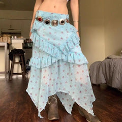 Lunivop Vintage Floral Skirt Women Boho Mesh Y2k Ruffle Skirts Irregular Summer Fashion Layered Vacation Long Skirts Streetwear