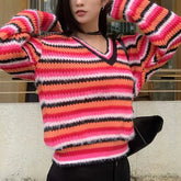 Lunivop Multicolor Striped Pullover Women Sweater Soft Knitted V-Neck Long Sleeve Jumper Teen-girl Fall Winter 90s Y2K Outfit