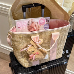 Lunivop Summer Straw Woven Hand Carry Tote Bag Women Pink Patchwork Large Capacity Shoulder Bags Ladies Sweet Daily Travel Crossbody Bag