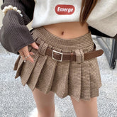 Lunivop Y2K Low Rise Houndstooth Mini Skirt with Belt Woolen Pleated Mini Skirt Ladies Autumn Winter Outfit