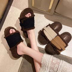 Lunivop Fluffy Faux Fur Plush Slippers Fashion Design Women Home Slippers Indoor Open Toe Flat Non-slip Leisure Large Size Female Slides