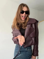 Lunivop Casual PU Leather Cropped Short Jackets Women Chic Solid Turn-down Collar Jacket Female Autumn Loose Moto-biker Streetwear Tops