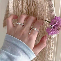 Lunivop Y2K Romantic Lovely Silver Color Bow Tie Ribbon Rings for Women Exquisite Fashion Geometric Lines Open Finger Ring Jewelry Gift