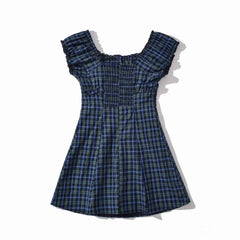 Lunivop CHIC Contrast Color Plaid Open Buttons Slash Shoulder Mini Dress Women Short Sleeve Slim Waist Dresses Holiday Robe Femme