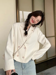 Lunivop Elegant White Blazer Women Slim Long Sleeve Korean Sweet Suit Coat Casual Fashion Fall Double Breasted Female Chic Short Outwear