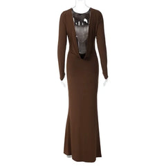 Lunivop Women Elegant Sexy Draped Metal Chain Backless Bodycon Maxi Party Dress Evening Gown Full Sleeve Slim Banquet Long Robe Vestidos