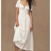 Lunivop Holiday White Bow O neck Elastic Body Puff Sleeve Long Dress Women Slim Ruched Waist A-lined Swing Dresses Summer Robe Vestidos