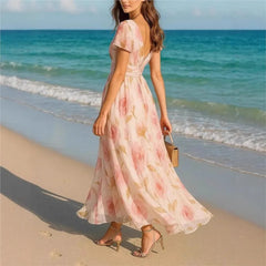 Lunivop Floral Print Summer Casual V -Neck Dresses Short Sleeves Maxi High Waist Midi Swing Dress For Women Elegant