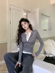 Lunivop Black Basic Fake Two Piece Women T-Shirts Long Sleeve Solid Color Korean Fashion Tees Harajuku Inner Bottoming Slim Sexy