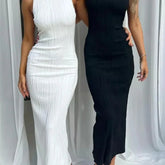 Lunivop Sexy Women Long Dress Ruche Sleeveless Slim Solid Summer Party Back Split Dress Clubwear Female Vestido Outfits Fashionable