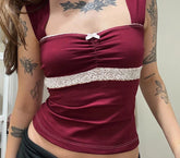 Lunivop Vintage 90s Red Square Collar Crop Top Cute Bow Stitching Sleeveless Skinny T-shirt Women Harajuku y2k Tees Summer Casual