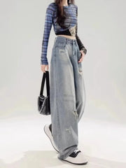 Lunivop American Retro Ripped Jeans for Women 2025 Summer Thin High Waist Slimming Loose Straight Wide-leg Floor Trousers Underpants
